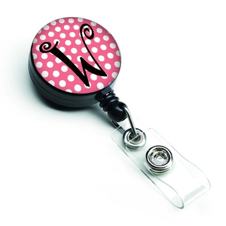 CAROLINES TREASURES Letter W Monogram Pink and Black Polka Dots Retractable Badge Reel CJ1001-WBR